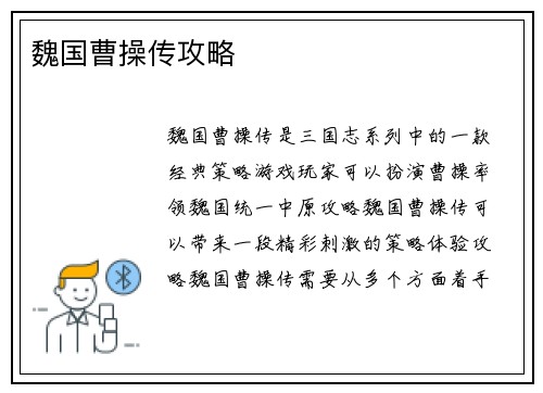 魏国曹操传攻略 魏国曹操传攻略